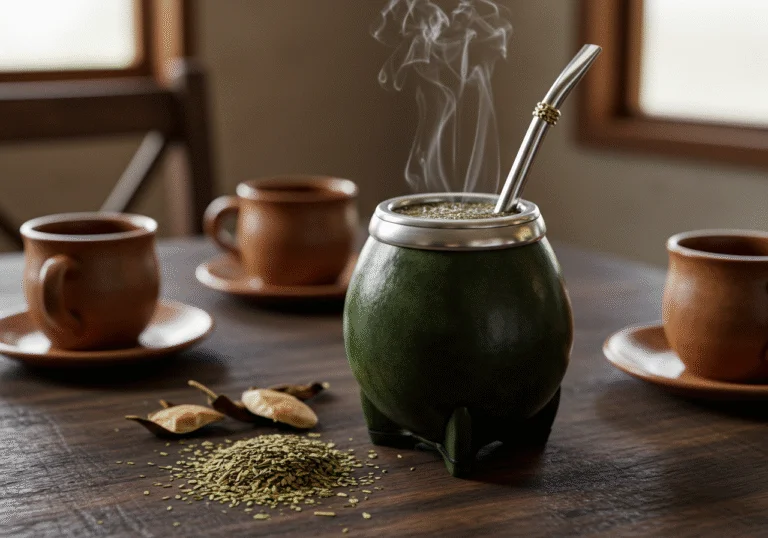 Finished cup of mate tee served in a gourd, showcasing the traditional yerba mate preparation.