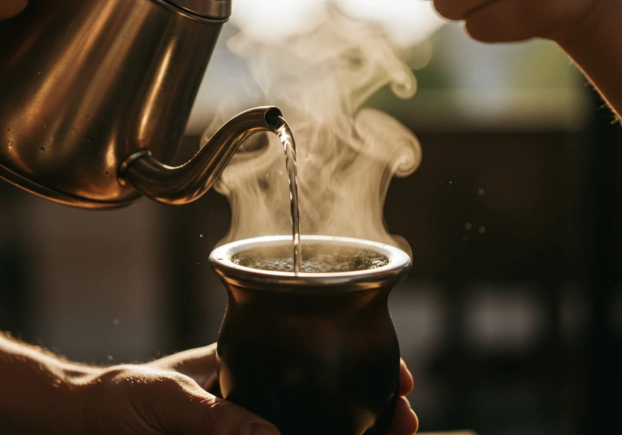 Pouring hot water over yerba mate leaves for mate tee preparation.