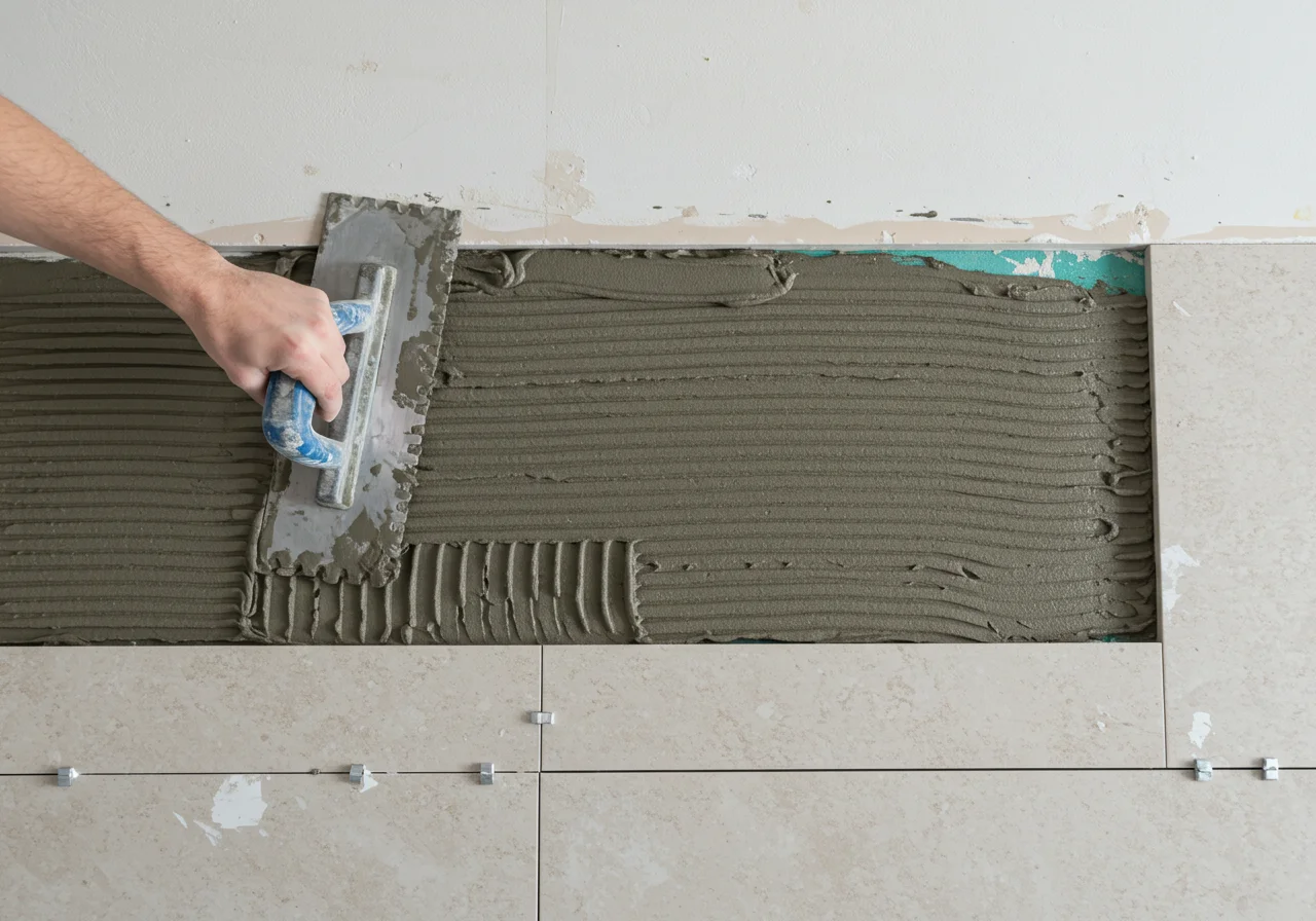 Auftragen des Fliesenklebers an der Wand für moderne Fliesen in der Küche.