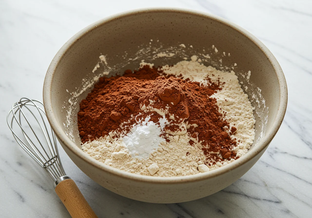 Ingredients for Schwarzwälder Kirsch muffins including flour, cocoa powder, and baking powder.