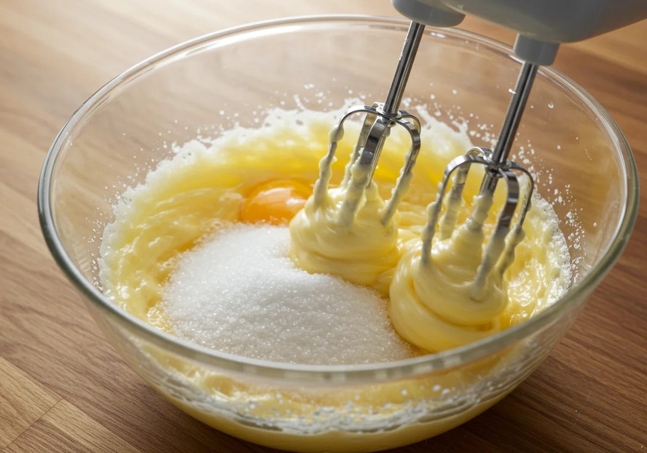 Mixing eggs and sugar for moist Schwarzwälder Kirsch muffins.