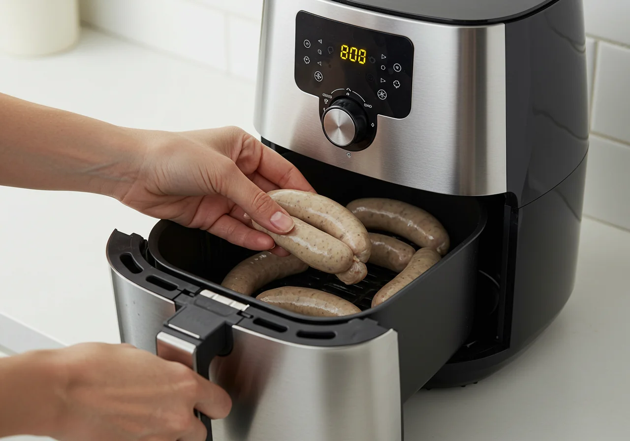 Bratwurst in Heißluftfritteuse gelegt, um perfekt zu garen in der Heißluftfritteuse.