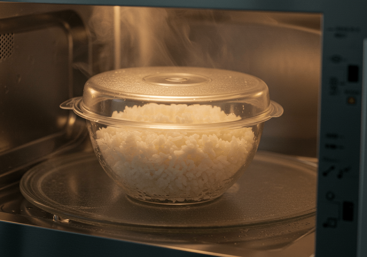 Reis in der Mikrowelle: Bowl of rice covered with a lid for cooking in the microwave.