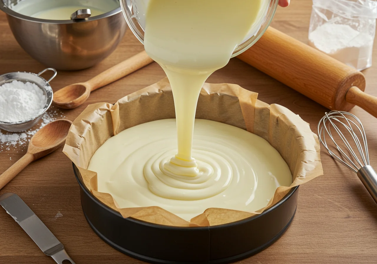 Fertige ganache aus veganer weißer Schokolade in einer Kuchenform für einen köstlichen Kuchen.