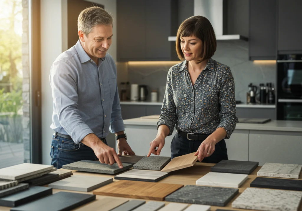 Beratung über verschiedene Holz- und Steinarbeitsplatten für die perfekte Küchenarbeitsplatte.