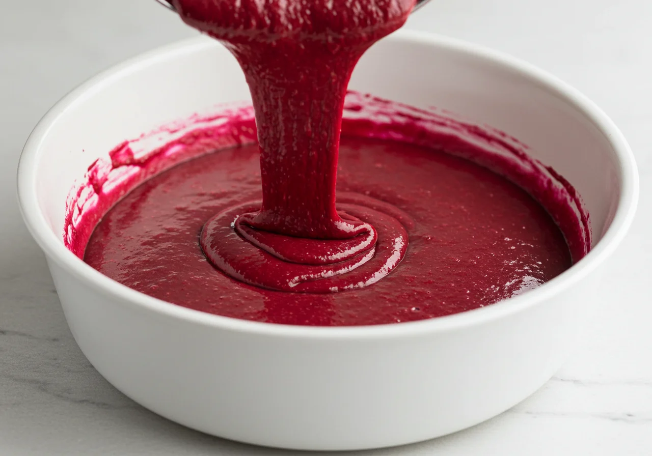 Rote Bete Kuchen Teig in einer Backform, bereit zum Backen.