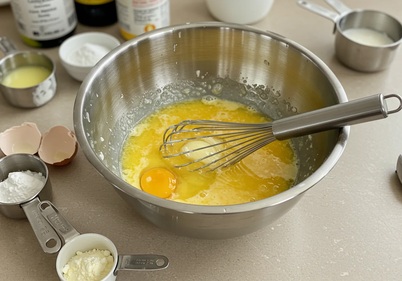 Flüssige Zutaten für Schoko Kirsch Kuchen werden in einer Schüssel verrührt.