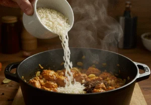 Reis being added to the HĂ€hnchen and spice mixture for saftiges HĂ€hnchen mit Curry-Reis.
