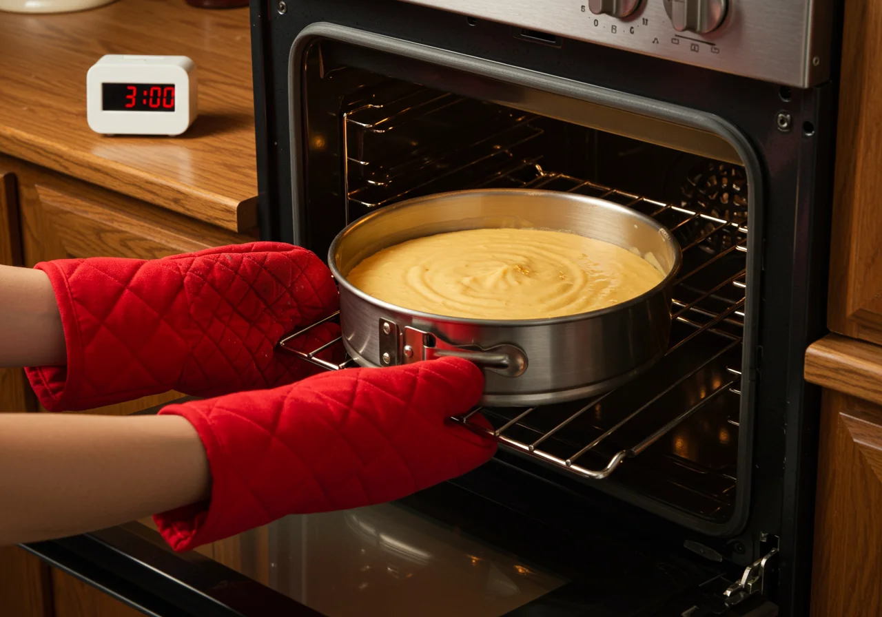 Backform mit Kuchenmasse wird in den Ofen geschoben für schnellen Kuchen Thermomix.