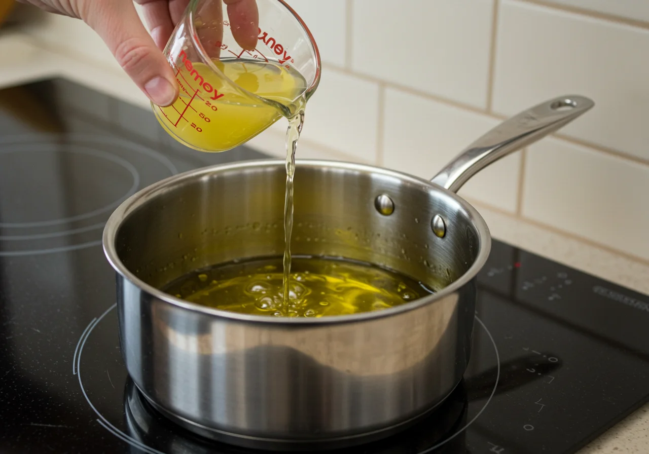 Olivenöl und Zitronensaft werden in einem Topf für die Zitronensauce zum Fisch erhitzt.