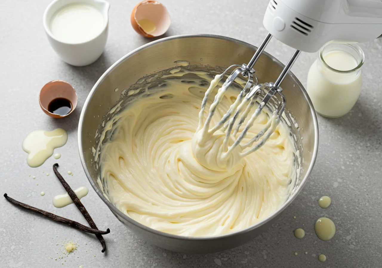 Das Herstellen von Paradiescreme für den Kuchen mit Paradiescreme in einer Schüssel.