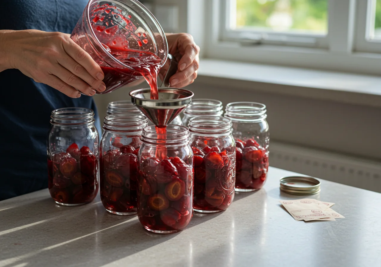 Jars being filled with Share Original Pflaume mixture ready for storage.