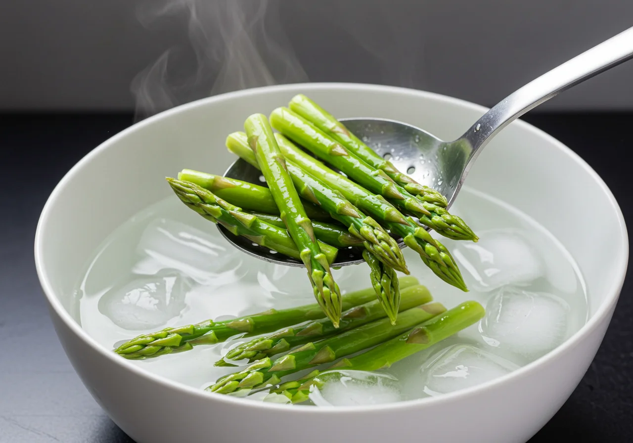 Perfekt gekochter Spargel wird mit einem Schaumlöffel aus dem Wasser genommen.