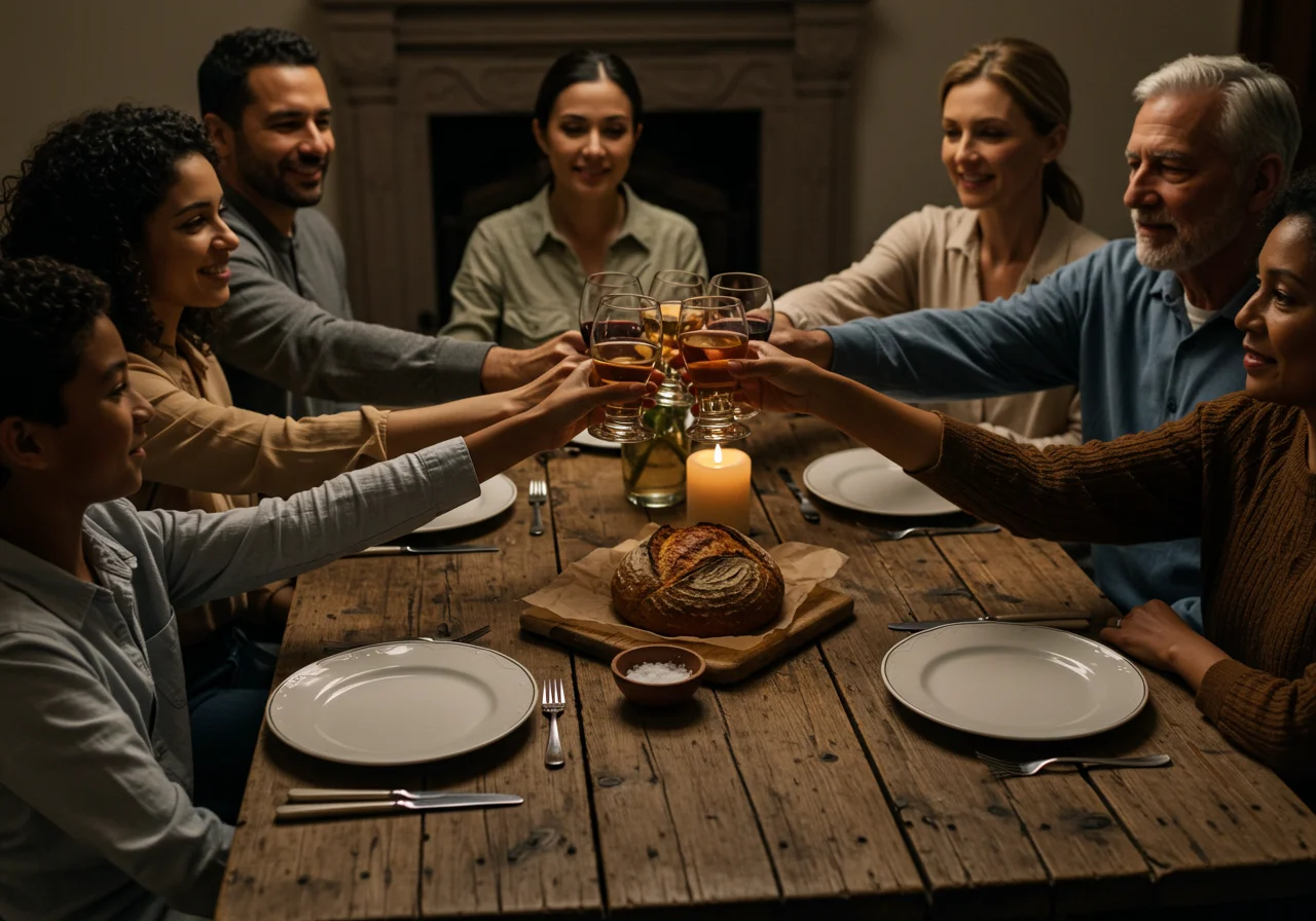 Familienzusammenkunft zum Einzug mit Brot und Salz als zentrale Elemente.