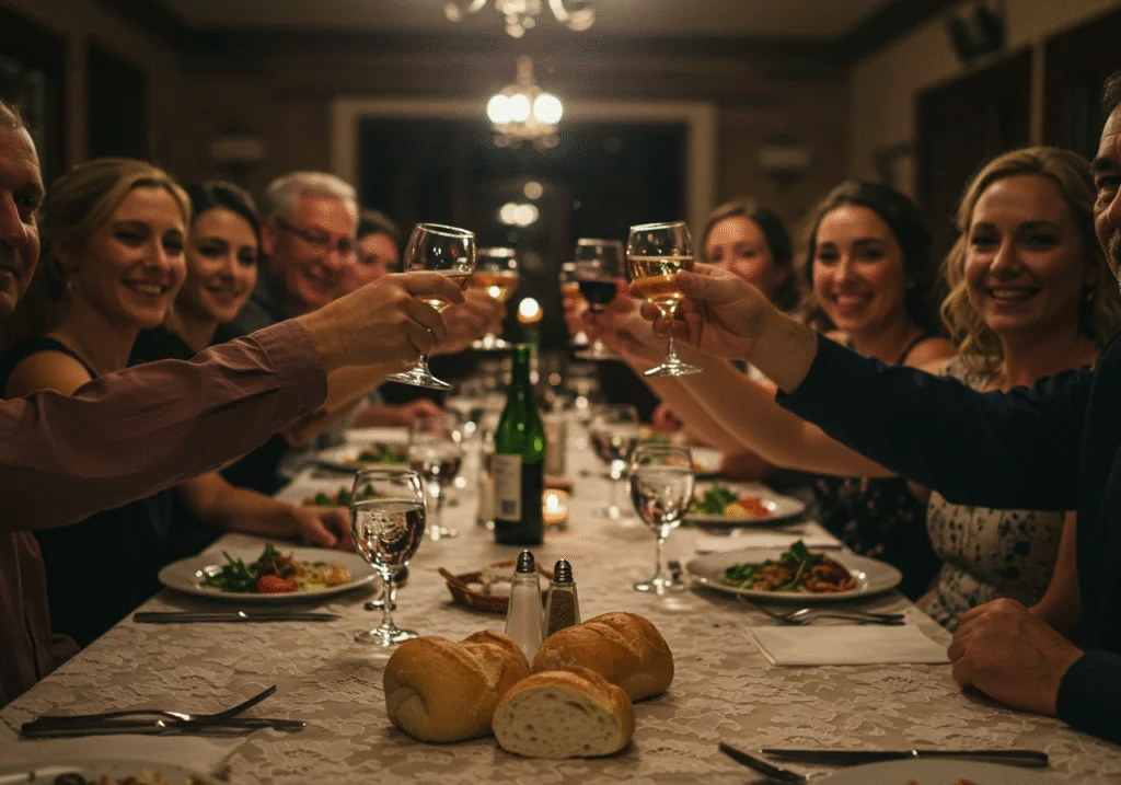 Feierliche Toasts bei Einzug, Brot und Salz auf dem Tisch.