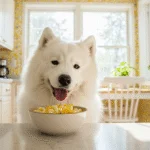 Ein glücklicher Hund, der eine gesunde Mahlzeit mit Eiern genießt, dürfen hunde rohe eier essen.