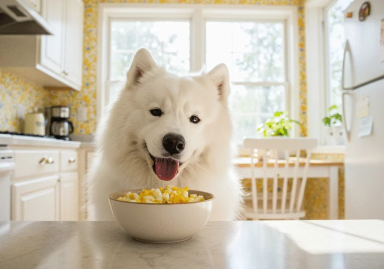 Ein glücklicher Hund, der eine gesunde Mahlzeit mit Eiern genießt, dürfen hunde rohe eier essen.