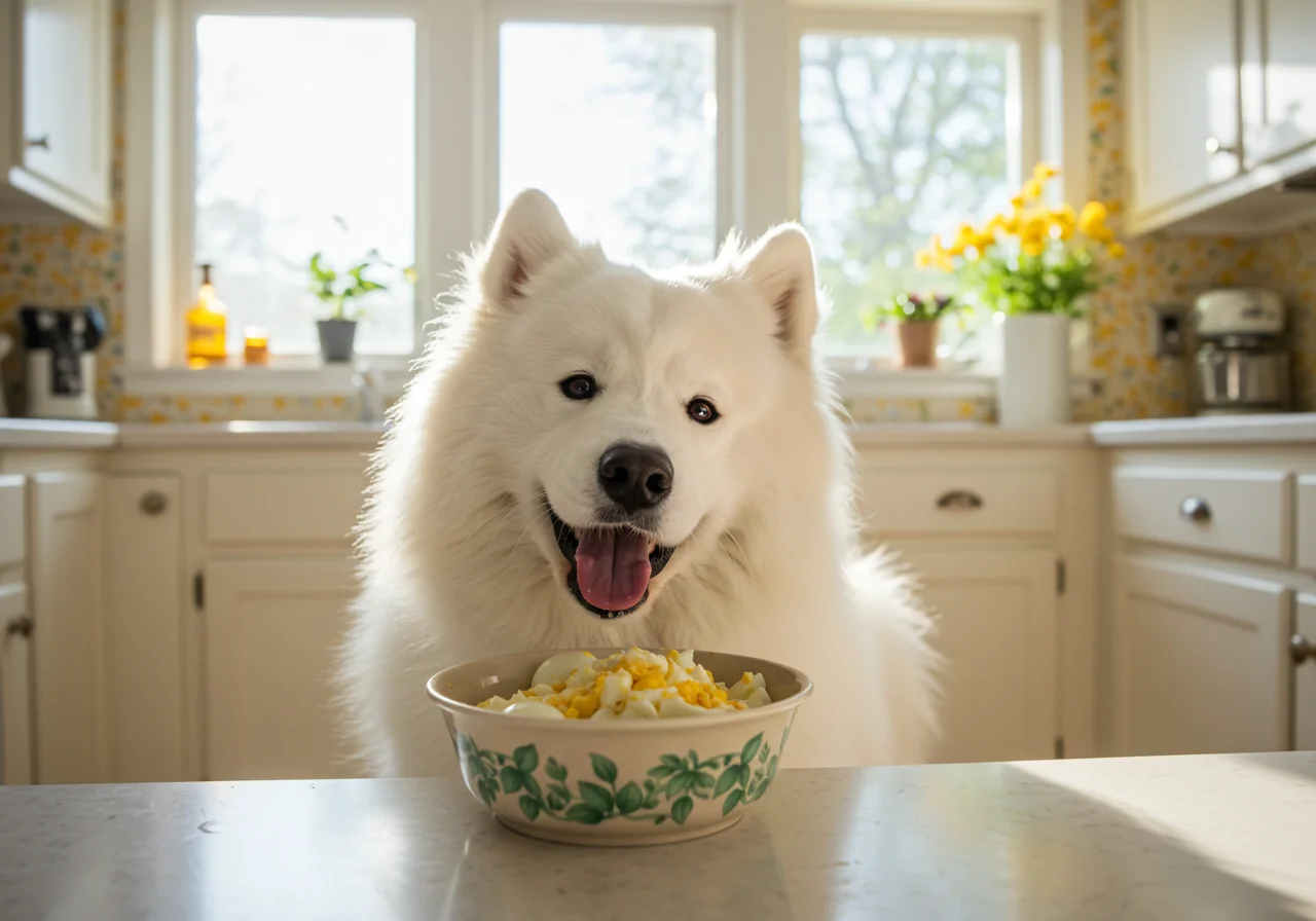 Ein glücklicher Hund, der eine gesunde Mahlzeit mit Eiern genießt, dürfen hunde rohe eier essen.