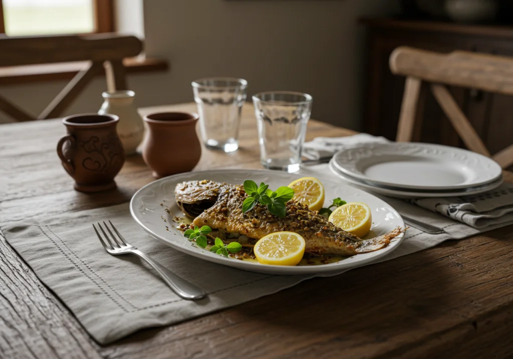 Fertiger zarter Fisch aus dem Backofen, serviert mit frischen Kräutern, ideal für ein köstliches Abendessen.