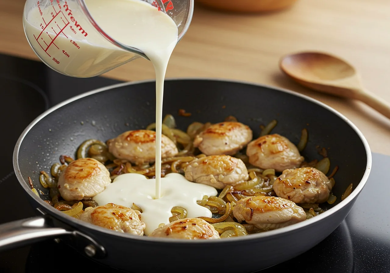 Sahne wird in die Pfanne für das klassische Zwiebel-Sahne-Hähnchen gegossen.