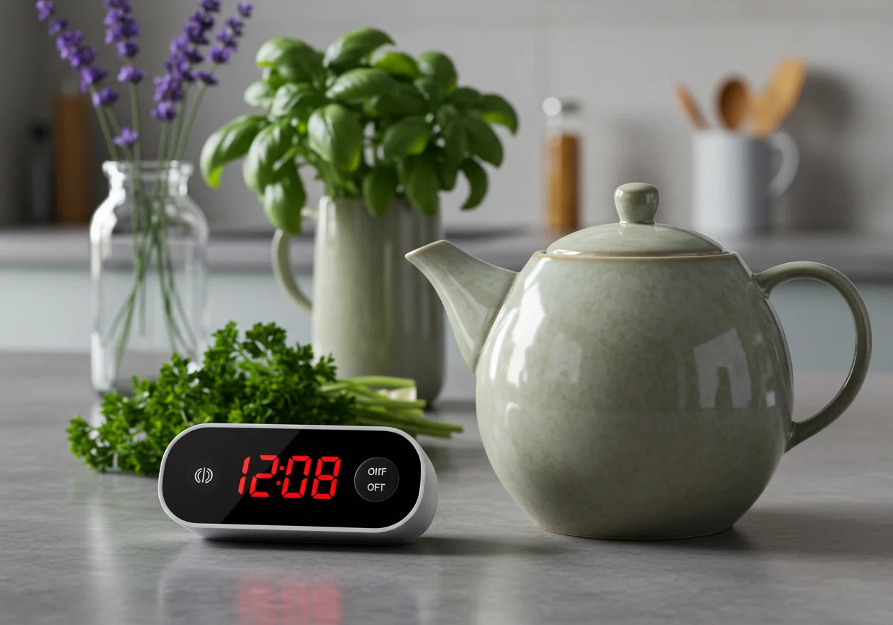 Kümmeltee zieht, während der Timer gestellt wird, um die Ziehzeit festzulegen.