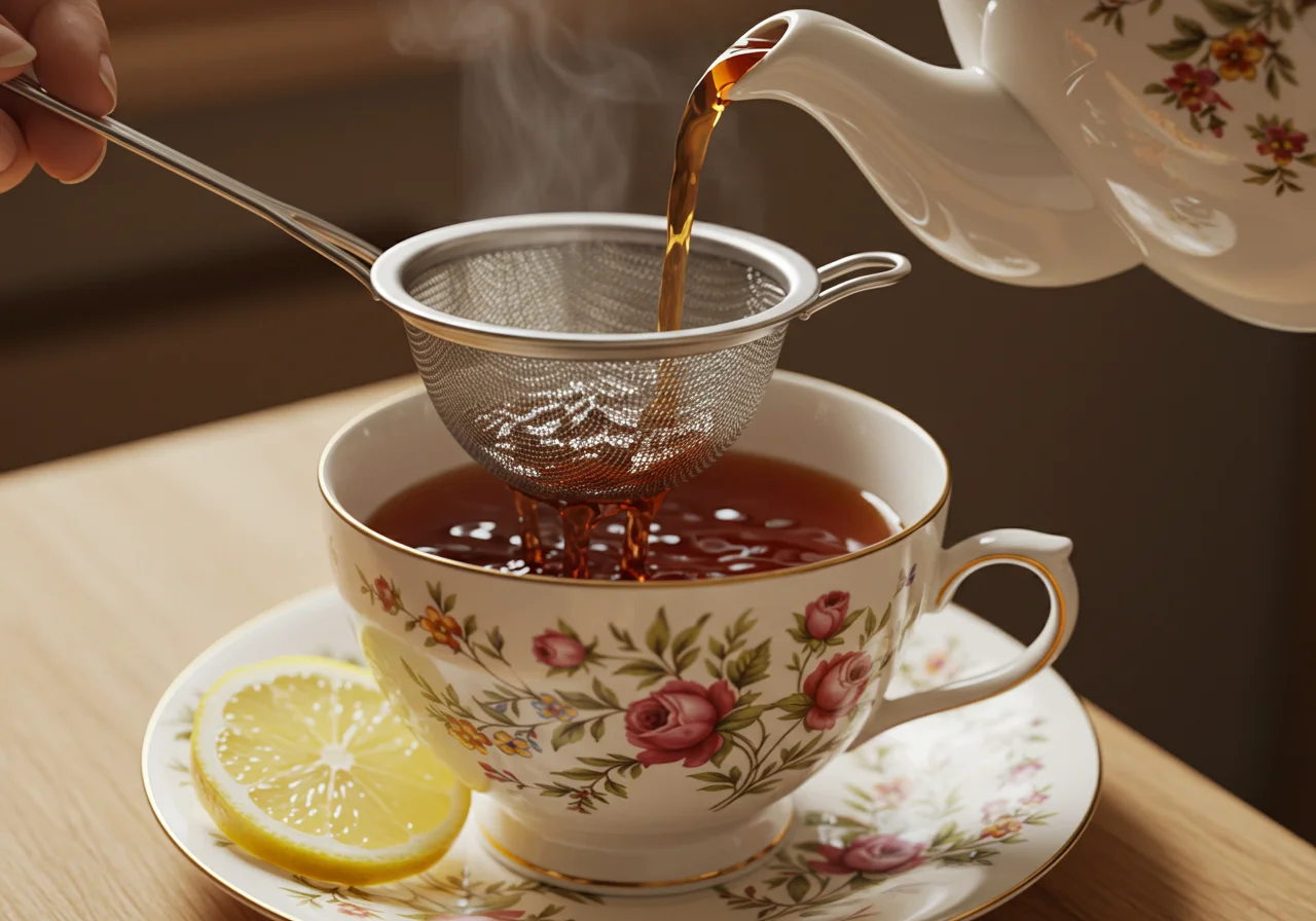 Abseihen und Servieren von frisch gebrühtem Kümmeltee in einer Tasse.