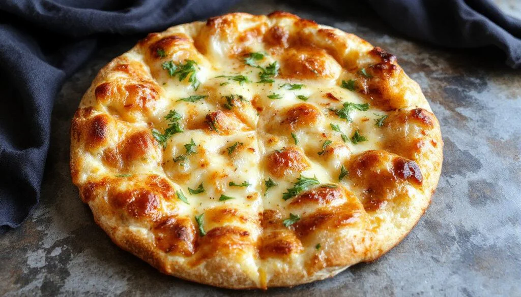 Eine goldbraune Pfannenpizza mit knusprigem Rand, belegt mit geschmolzenem Käse, Tomatenscheiben, frischem Basilikum und bunten Paprikastreifen, auf einer schwarzen Pfanne präsentiert