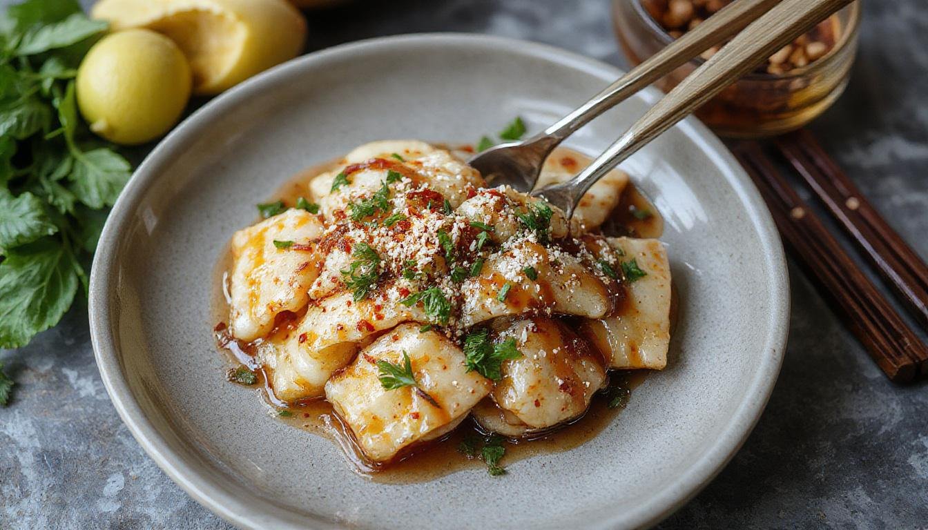 Ein Teller mit goldbraunen Hähnchenstücken in einer glänzenden Teriyaki-Sauce, serviert auf fluffigen Nudeln, garniert mit Frühlingszwiebeln und Sesamsamen, alles ansprechend angerichtet auf einem weißen Porzellanteller.