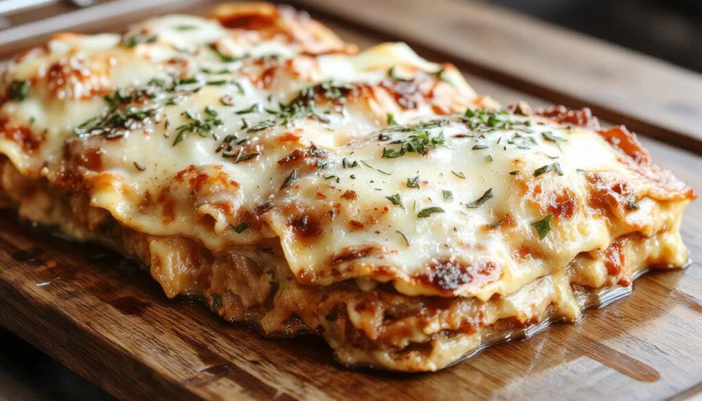 Ein heißer, goldbrauner 30-Minuten-Auflauf, großzügig mit geschmolzenem Käse bedeckt, in einer weißen keramischen Auflaufform, serviert mit frischen Kräutern, im Hintergrund eine gepflegte Küchenumgebung.