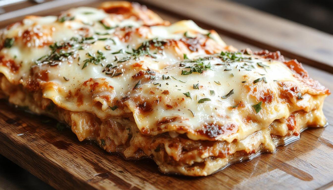 Ein heißer, goldbrauner 30-Minuten-Auflauf, großzügig mit geschmolzenem Käse bedeckt, in einer weißen keramischen Auflaufform, serviert mit frischen Kräutern, im Hintergrund eine gepflegte Küchenumgebung.