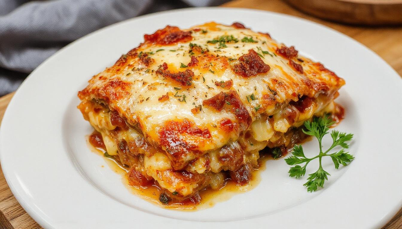 Eine ansprechende Pfannenlasagne in einer großen, ovalen ofenfesten Pfanne. Die goldbraune Käsekruste ist knusprig und die Schichten aus Pasta, Tomatensoße und Käse sind sichtbar. Das Gericht ist hübsch angerichtet, mit frischen Kräutern bestreut und die Textur wirkt cremig und herzhaft.