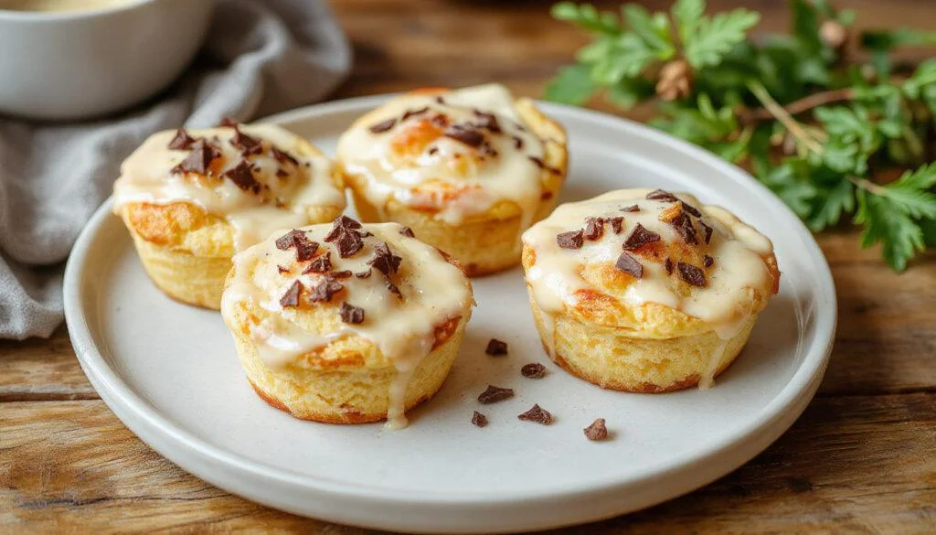 Hochwertige Nahaufnahme von saftigen 5-Minuten-Muffins mit Quark und Vanillepudding, goldbraun, mit einer cremigen Quarkfüllung sichtbar, stilvoll auf einem eleganten Teller platziert, mit Puderzucker bestäubt, ansprechende Textur und frische Zutaten im Fokus