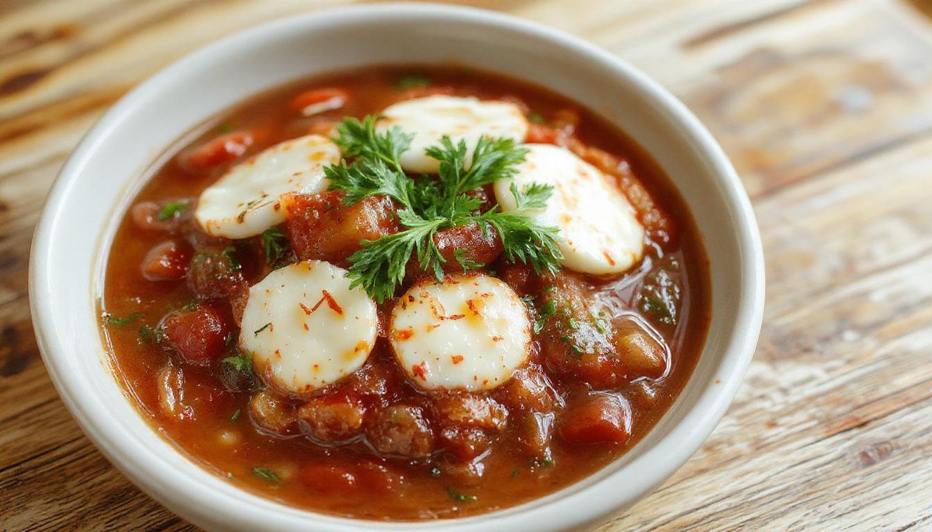 Eine frische, hausgemachte Tomatensoße mit Mozzarella auf einem weißen Teller, garniert mit frischem Basilikum. Die Soße ist rot und saftig, der Mozzarella schmilzt leicht und bildet eine cremige Schicht. Das Gericht wird stilvoll auf einem rustikalen Holzbrett präsentiert, schön und einladend.