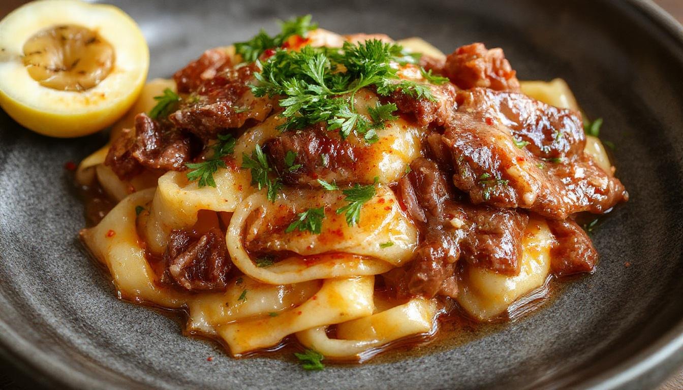 Bunte mongolische Hackfleisch-Nudeln in einer weißen Schüssel, mit frischen grünen Kräutern garniert, goldbraune gebratene Rindfleischstücke und bunte Gemüsestücke sichtbar, alles schön angerichtet mit einem leichten Glanz.