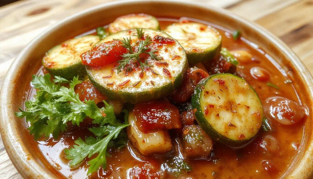 Ein bunter Teller mit aromatischem Zucchini-Tomaten-Reis, frisch zubereitet. Der Reis ist goldgelb mit grünen Zucchinistreifen und roten Tomatenstücken, serviert auf einem weißen Teller mit Kräutern garniert.