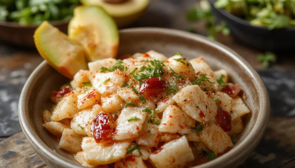 Frischer asiatischer Gurkensalat in einer weißen Schüssel, dünn geschnittene Gurken, rote Chiliflocken, Sesamsamen auf der Oberfläche, dekorativ serviert mit frischen Kräutern, helles Licht hebt die knackige Textur hervor