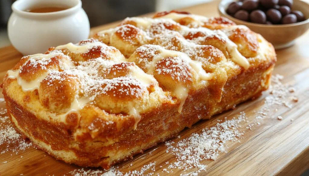 Ein frisch gebackener Bayerischer Zwetschgendatschi auf einem weißen Teller, mit einem goldbraunen Teigboden und saftigen violetten Zwetschgen, die dezent mit Puderzucker bestäubt sind, präsentiert auf einem rustikalen Holztisch.