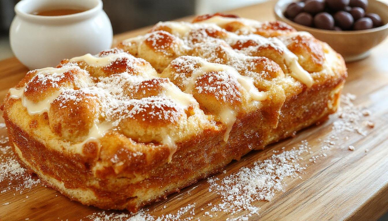 Ein frisch gebackener Bayerischer Zwetschgendatschi auf einem weißen Teller, mit einem goldbraunen Teigboden und saftigen violetten Zwetschgen, die dezent mit Puderzucker bestäubt sind, präsentiert auf einem rustikalen Holztisch.
