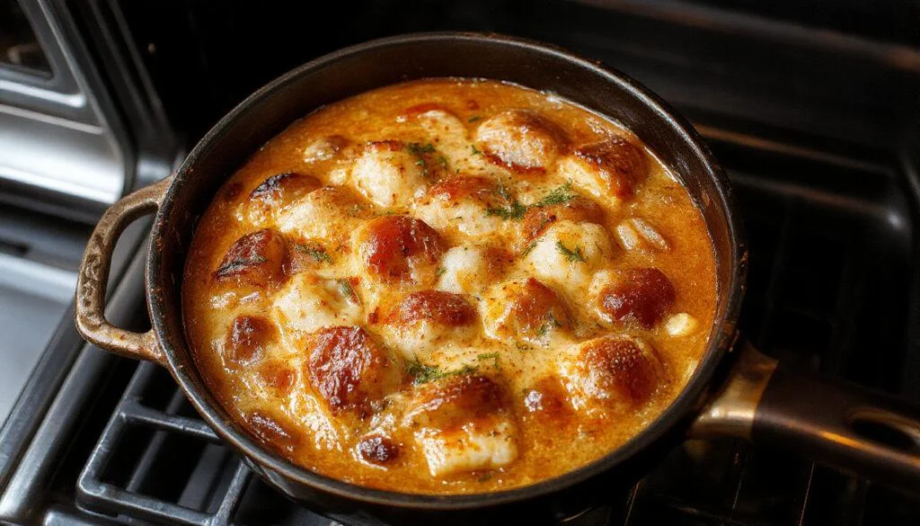 Ein buntes Schaschlikgericht im Ofen, bestehend aus saftigen Fleischstücken, Paprika, Zwiebeln und Tomaten, serviert in einer ofenfesten Pfanne mit knusprigen Rändern.