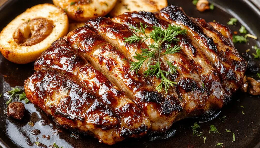 Der saftige Hackbraten sitzt perfekt geformt auf einem weißen Teller, bedeckt mit einer goldbraunen Kruste und garniert mit frischen Kräutern. Auf der Seite sind kleine Stücke von Gemüse sichtbar, die den Hackbraten umrahmen.