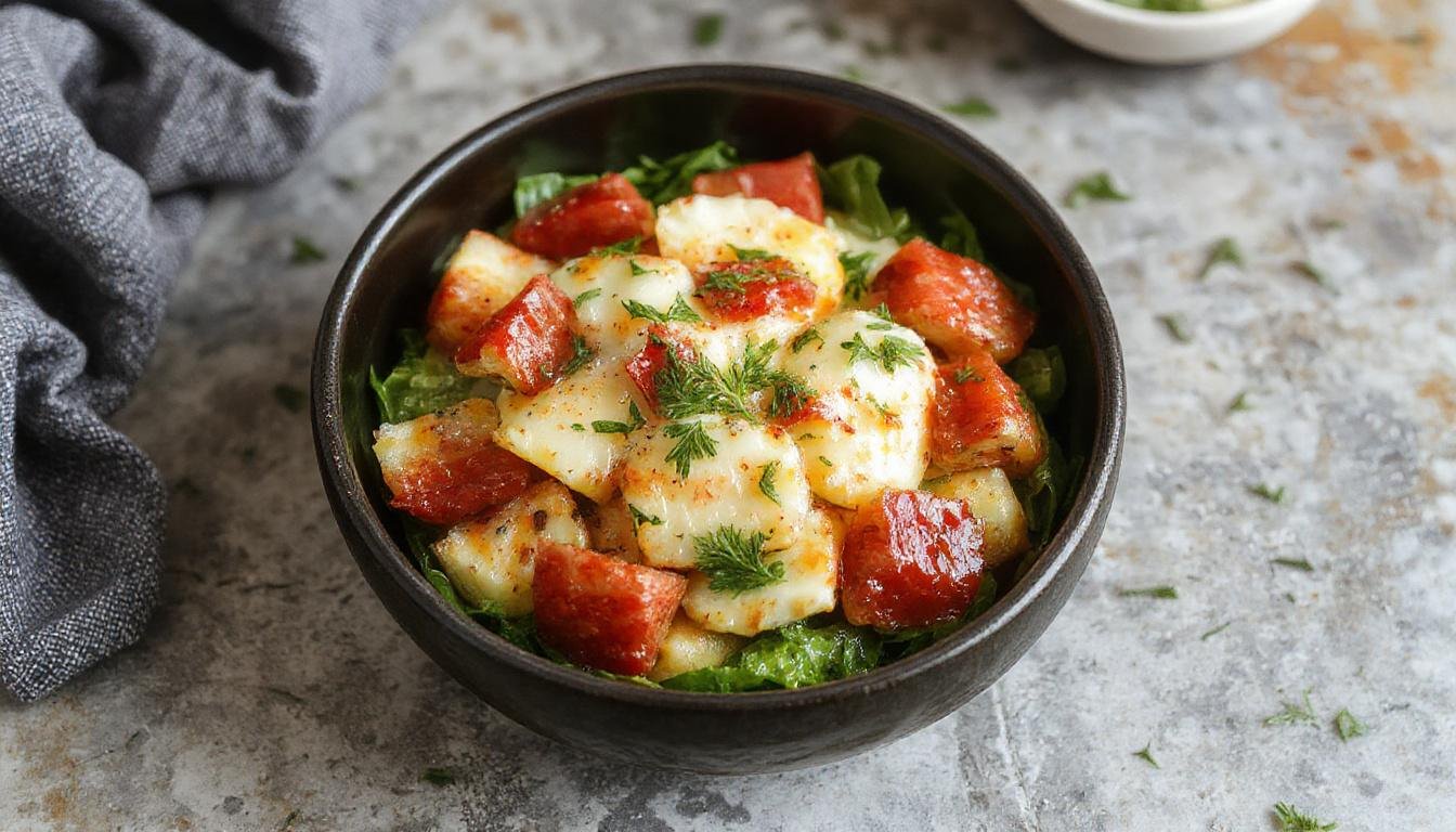 Ein cremiger Eiersalat in einer weiĂen Schale, garniert mit frischen KrĂ€utern, mit einer goldbraunen Kruste und kleinen StĂŒcken hartgekochter Eier, serviert auf einem Holztisch mit einer Gabel und einem Messer daneben.