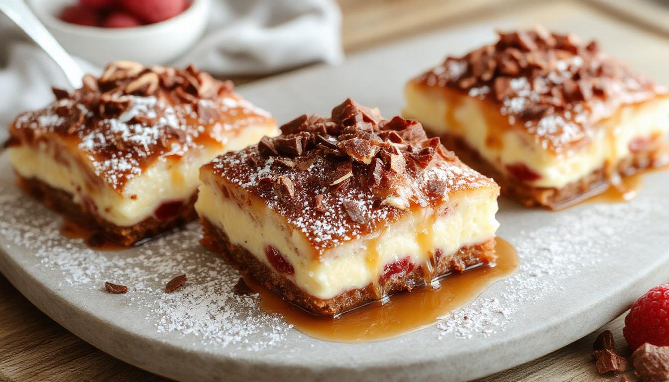 Ein elegantes Glasdessert mit cremiger Mascarpone-Schicht, bedeckt mit karamellisierten Bienenstich-Stücken, garniert mit Puderzucker und kleinen Honig-Deko. Das Glas steht auf einem Holzbrett mit einem Löffel daneben, das Dessert hat eine ansprechende goldene und helle Farbgebung.
