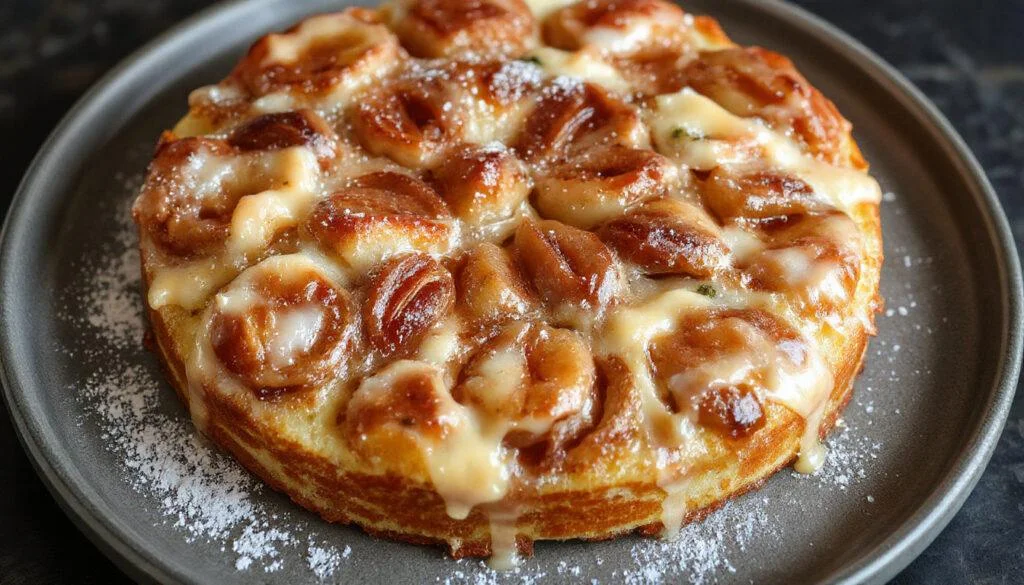 Ein frisch belegter Birnenkuchen mit goldbraunem Streusel oben, saftige Birnenstücke verteilen sich gleichmäßig auf der hellen Teigoberfläche, umgeben von einem zarten Schmand-Zwischenraum. Der Kuchen ist auf einem stilvollen Holzbrett platziert, mit einer leichten Staubzucker-Schicht bestäubt und wirkt einladend und frisch.