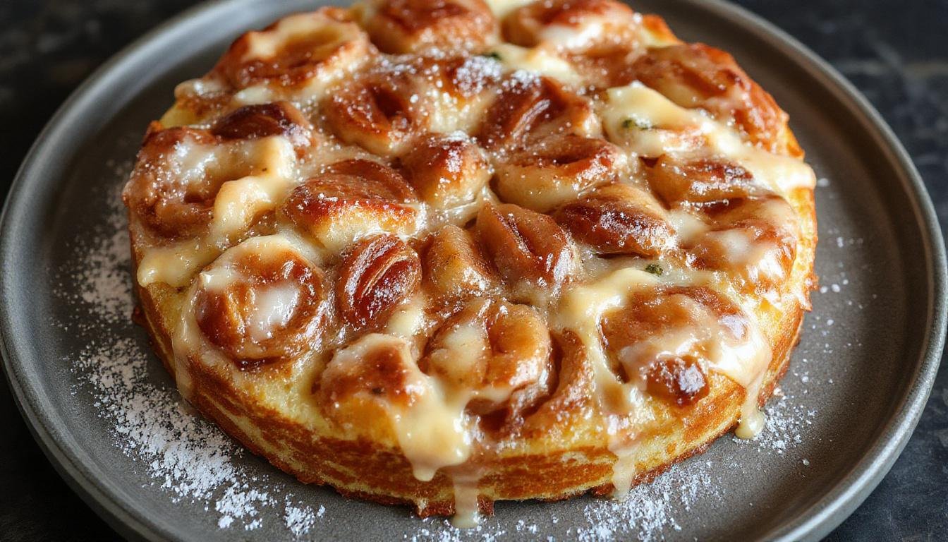 Ein frisch belegter Birnenkuchen mit goldbraunem Streusel oben, saftige Birnenstücke verteilen sich gleichmäßig auf der hellen Teigoberfläche, umgeben von einem zarten Schmand-Zwischenraum. Der Kuchen ist auf einem stilvollen Holzbrett platziert, mit einer leichten Staubzucker-Schicht bestäubt und wirkt einladend und frisch.