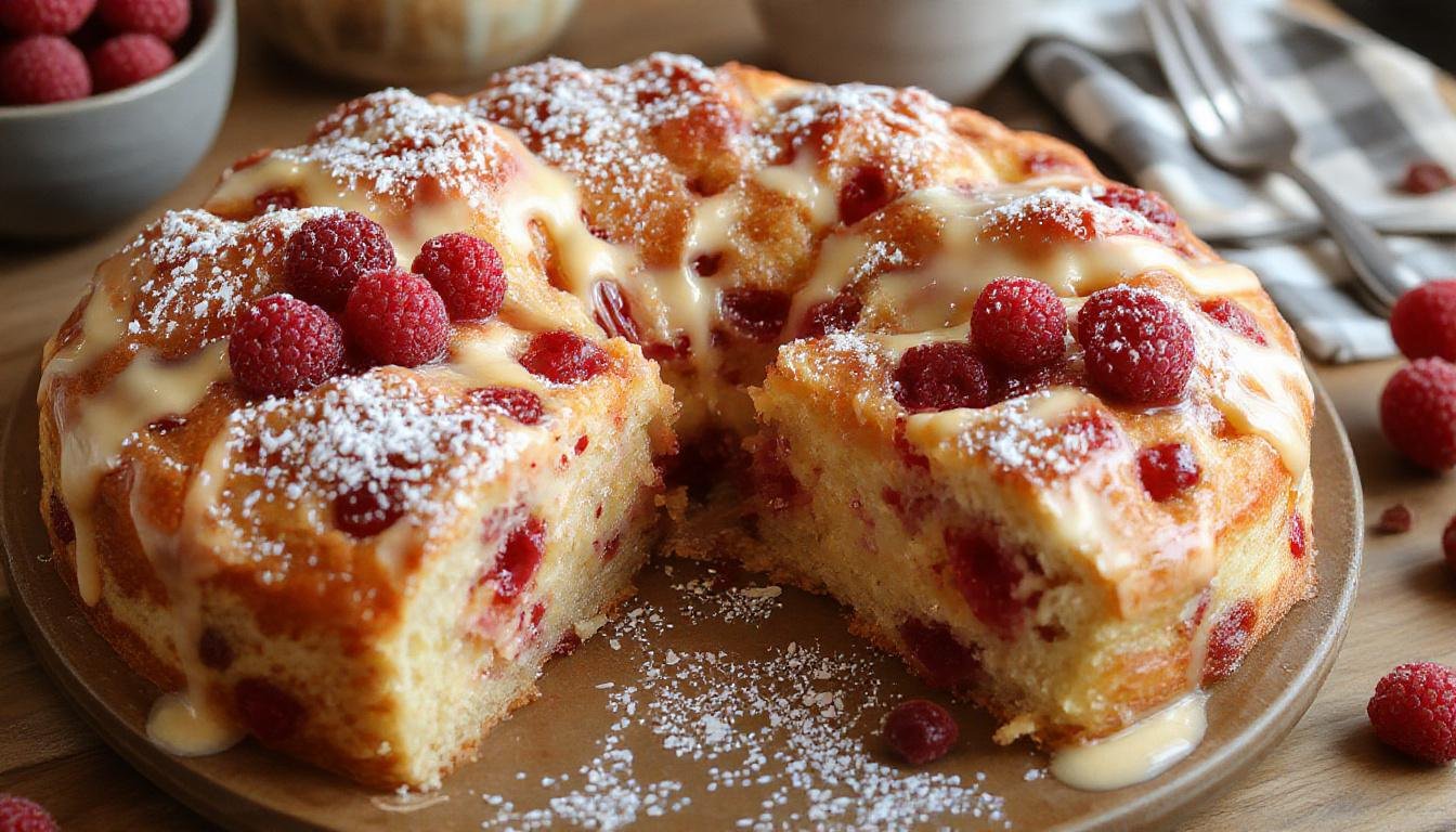 Ein großer flacher Blechkuchen mit einer hellrosa Himbeerschicht, bedeckt mit Puderzucker, auf einem rustikalen Holztisch, im Hintergrund Sonnenlicht und frische Himbeeren.