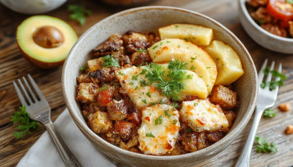 Eine bunte Süßkartoffel-Burrito-Bowl, die in einer weißen Schüssel serviert wird. Die Bowl ist gefüllt mit knusprigen Süßkartoffelwürfeln, schwarzen Bohnen, roter Maiskerne, grünen Avocadoscheiben, roten Tomaten, und frischer grüner Koriander. Die Gerichtelemente sind hübsch angeordnet, mit cremiger Avocadocreme und einem Spritzer Limettensaft oben drauf. Leicht geröstete Tortillastreifen sind am Rand gestreut, alles wirkt frisch und farbenfroh.