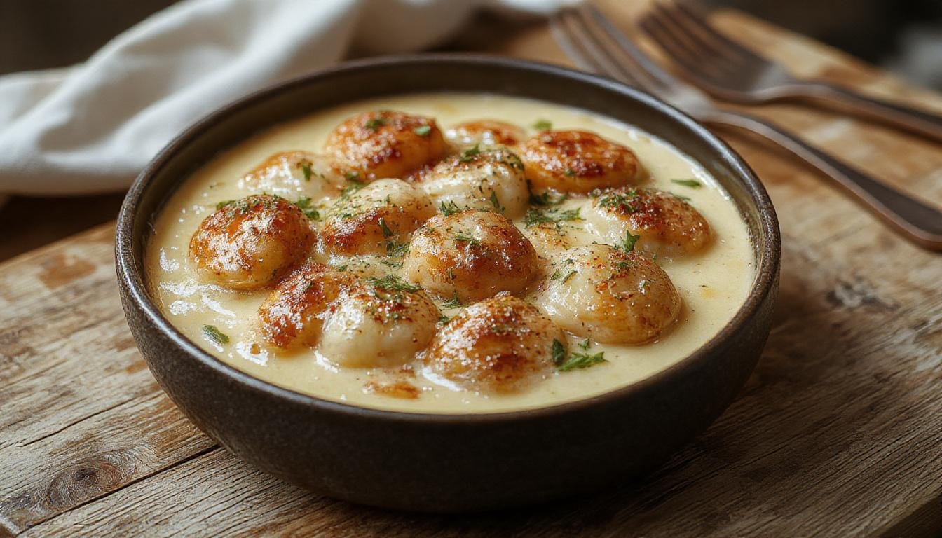 Ein Teller mit butterzartem Rahmgulasch, cremige sauce mit saftigem Fleisch und Zwiebeln, serviert mit goldbraunen Serviettenknödeln, ansprechend angerichtet auf einem weißen Porzellanteller mit frischer Petersilie als Garnitur