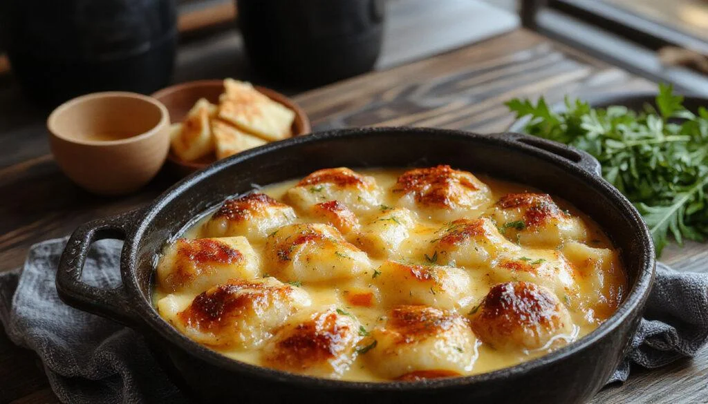 Eine cremige Brokkoli-Kartoffel-Pfanne, präsentiert in einer weißen, runden Schale. Die Speise besteht aus grünem Brokkoli und goldgelben Kartoffelwürfeln, großzügig mit einer cremigen Soße überzogen. Die Textur wirkt samtig und einladend, mit sichtbaren kleinen Brokkoliröschen und zarten Kartoffelstücken, die ansprechend angerichtet sind.