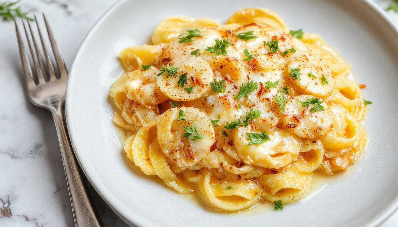 Eine cremige Brokkoli-Pasta auf einem weißen Teller, garniert mit geriebenem Käse und frischen Kräutern. Die Pasta ist schön bunt mit grünen Brokkoliröschen und einer samtigen Käsesoße, die glänzend und verlockend aussieht.