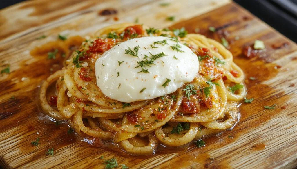 Frisch zubereitete Burrata-Pasta in einer weißen Schüssel, garniert mit frischen Basilikumblättern und schwarzen Pfeffer, die Pasta ist cremig und glänzend, mit einer weichen Burrata-Kugel in der Mitte.